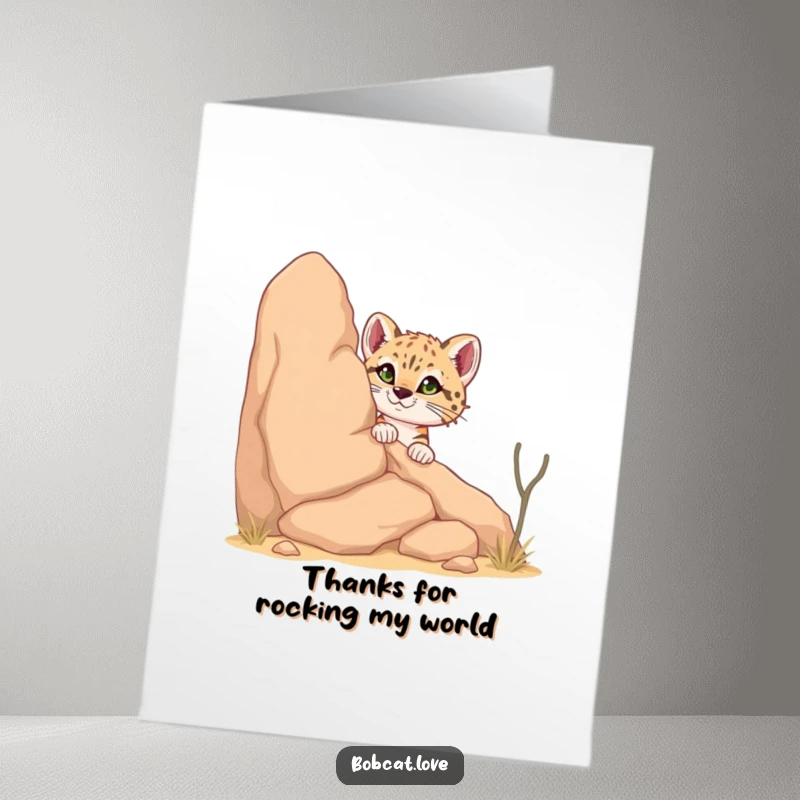 Funny Free Printable Bobcat Thank You Card: Curious bobcat peeking from a desert rock, offering a heartfelt, humorous thank you.