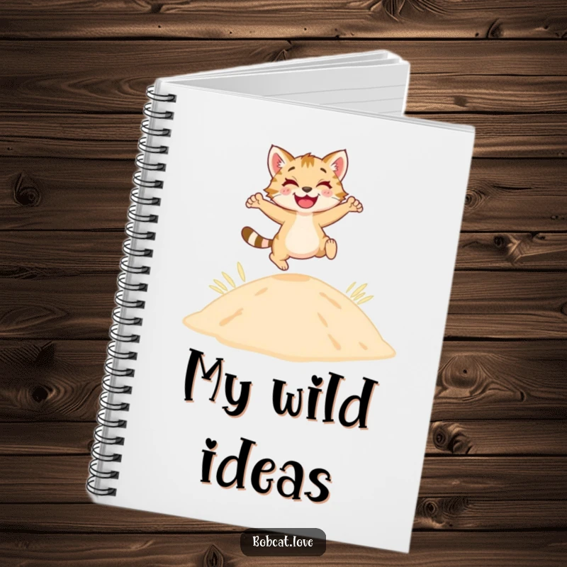 A happy bobcat leaping over a sandy dune is on the cover of a notebook, inspiring adventure.