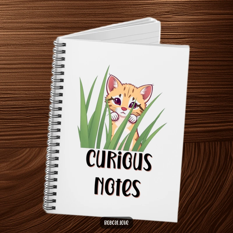 Funny curious bobcat notebook peeking over grass, ideal for notes and journaling.