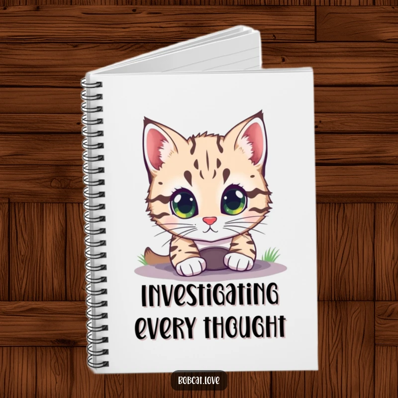 Funny bobcat with wide, bright eyes peering into a small hole, on the cover of a notebook for jotting thoughts.