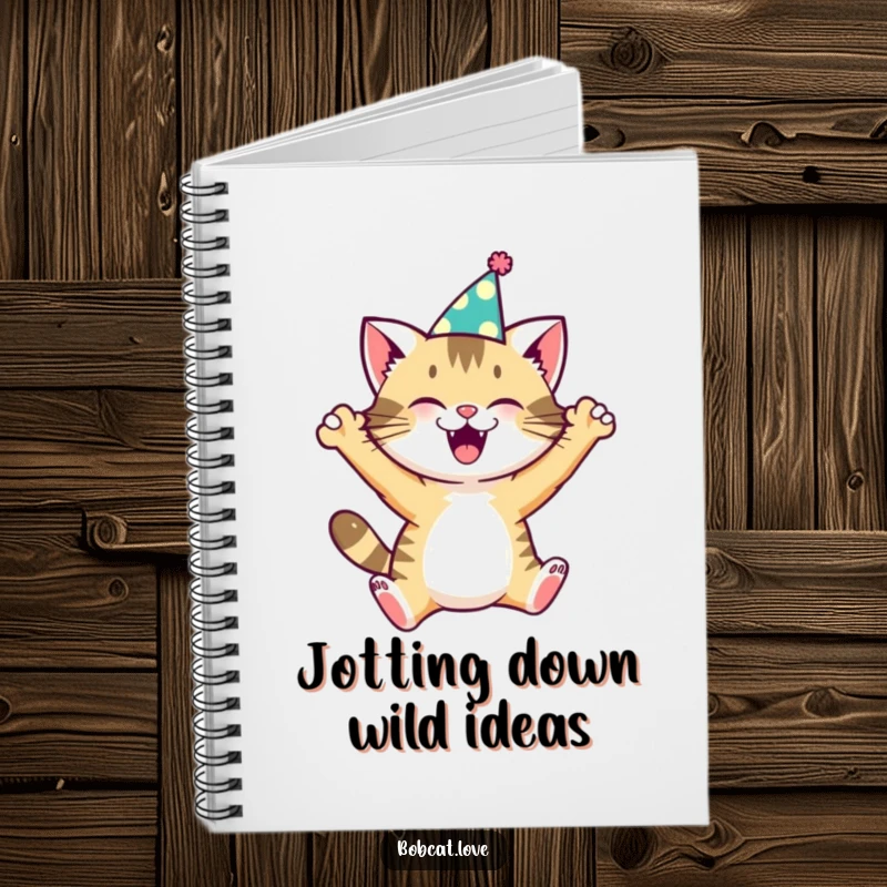 Funny bobcat wearing a party hat, leaping energetically, on the cover of a stylish notebook for jotting ideas.