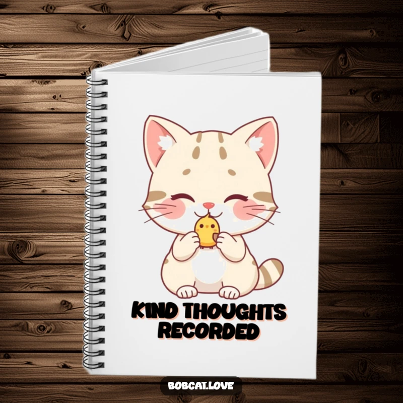 Funny bobcat notebook, a blushing cat offering a little bird, ideal for capturing kind thoughts and gentle reflections.