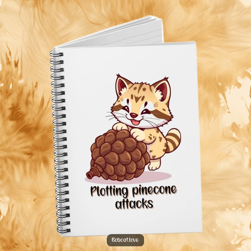 Funny bobcat notebook, a playful wild cat pouncing on a rolling pinecone, ideal for jotting down humorous thoughts and creative ideas.