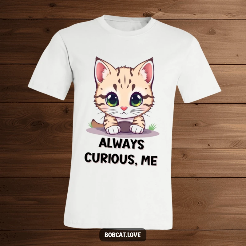 Funny bobcat with expressive, wide eyes peeking into a tiny hole, printed on a comfortable and amusing t-shirt.