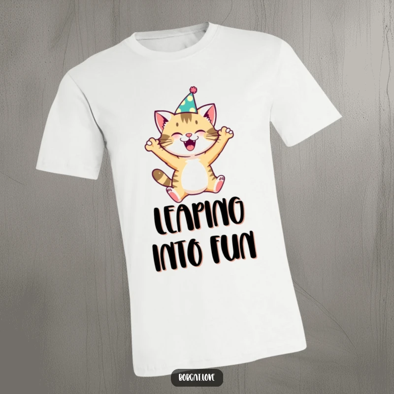 Funny bobcat in a small party hat, captured mid-leap with infectious excitement, printed on a soft cotton t-shirt.