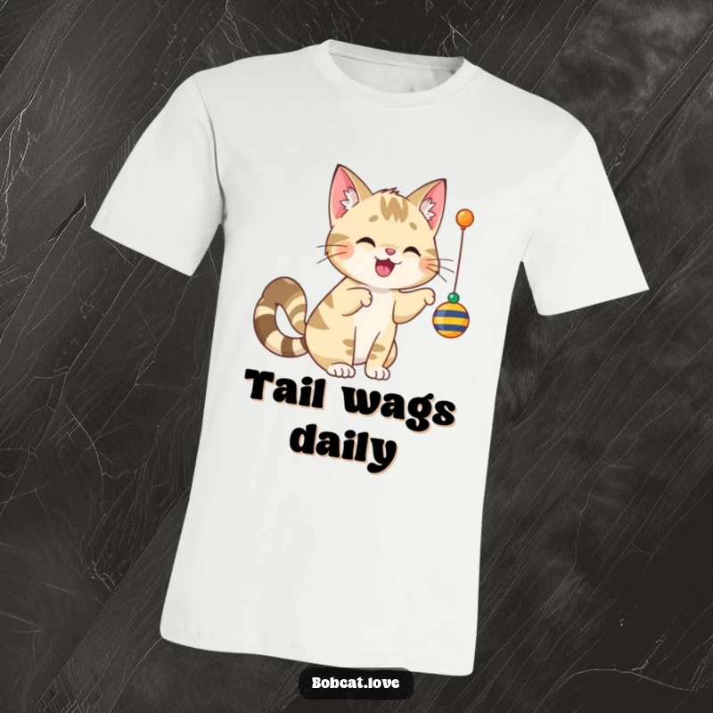 Funny bobcat with a happy, wagging tail, playfully batting at a dangling toy, printed on a soft t-shirt.