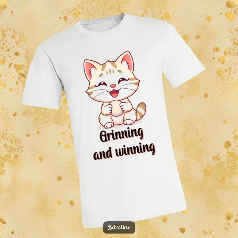 Funny bobcat with a massive, happy grin, joyfully holding a small ball, printed on a comfortable t-shirt.