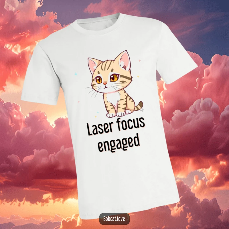 Funny Bobcat T-Shirt: A determined bobcat humorously watching a distant flicker of movement, highlighting its intense focus and observant skills with a playful twist.
