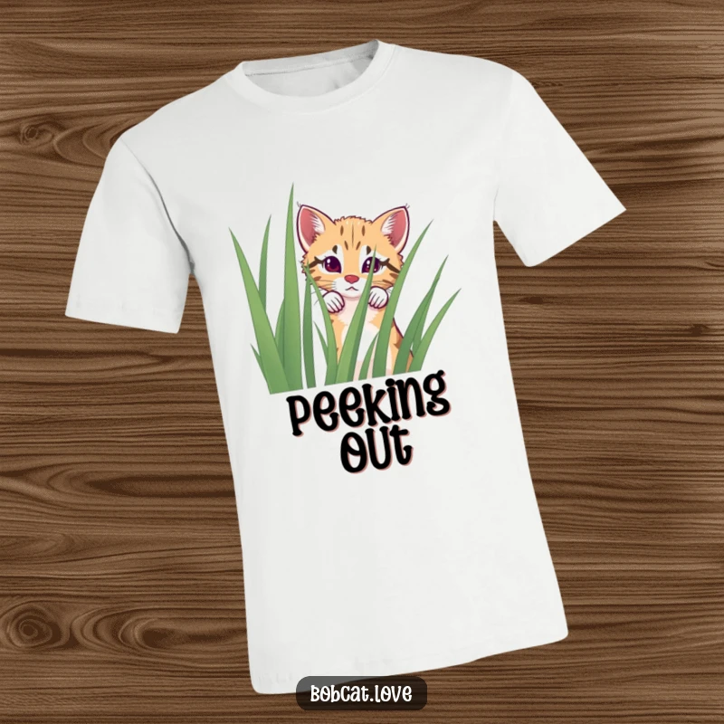 Funny curious bobcat t-shirt peeking out from behind tall grass, embodying playful mischief.