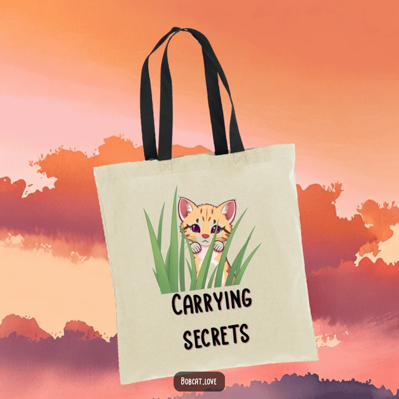 Funny curious bobcat tote bag peeking over grass, perfect for shopping and daily errands.