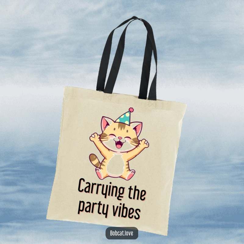 Funny bobcat sporting a festive party hat, caught in an excited leap, printed on a durable tote bag.