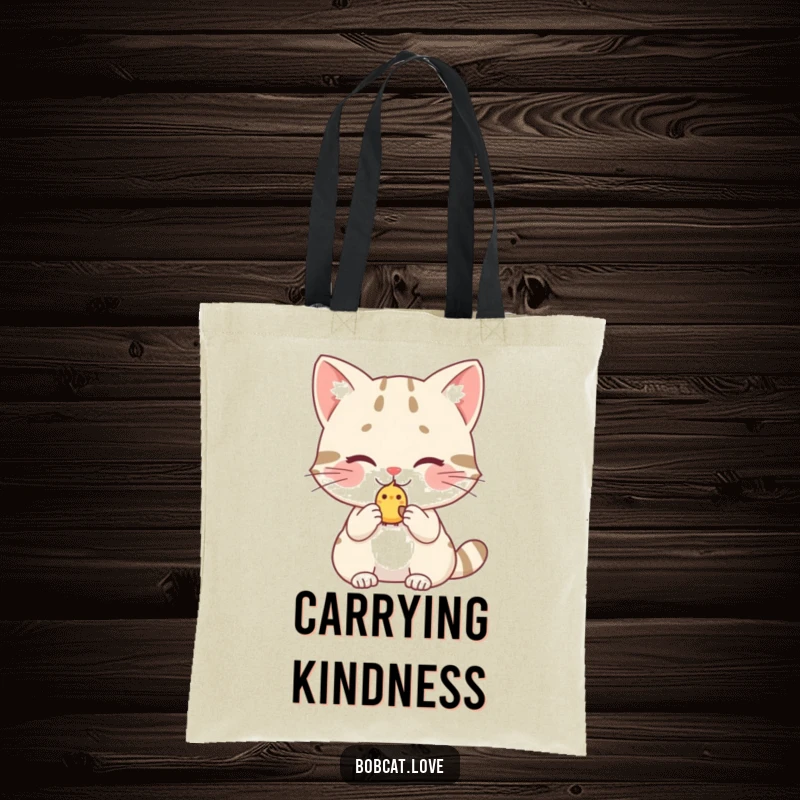 Funny bobcat tote bag, a blushing wild cat offering a little birdy, a stylish and humorous accessory celebrating kindness.